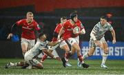 5 October 2024; Mike Haley of Munster is tackled by Phil Cokanasiga of Ospreys during the United Rugby Championship match between Munster and Ospreys at Virgin Media Park in Cork. Photo by Seb Daly/Sportsfile