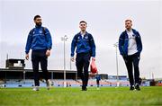 6 October 2024; Drogheda United players, from left, Dave Webster, Warren Davis and Shane Farrell arrive before the Sports Direct Men’s FAI Cup semi-final match between Drogheda United and Wexford at Weavers Park in Drogheda, Louth. Photo by Ben McShane/Sportsfile
