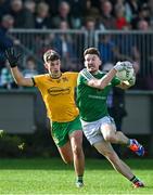 6 October 2024; Shane Quinn of Mohill in action against Paul Moran of Ballinamore Sean O'Heslins during the Leitrim County Senior Club Football Championship final match between Ballinamore Sean O'Heslins and Mohill at Ballinamore Sean O'Heslins GAA Club in Leitrim. Photo by Sam Barnes/Sportsfile