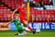 6 October 2024; Dan Ring of Shelbourne is tackled by Oran Horgan of Kerry FC during the EA SPORTS MU17 LOI Mark Farren Cup match between Shelbourne and Kerry FC at Tolka Park in Dublin. Photo by Tyler Miller/Sportsfile
