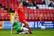 6 October 2024; Dan Ring of Shelbourne is tackled by Oran Horgan of Kerry FC during the EA SPORTS MU17 LOI Mark Farren Cup match between Shelbourne and Kerry FC at Tolka Park in Dublin. Photo by Tyler Miller/Sportsfile