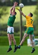6 October 2024; Keith Keegan of Mohill and Cathal McHugh of Ballinamore Sean O'Heslins contest a high ball during the Leitrim County Senior Club Football Championship final match between Ballinamore Sean O'Heslins and Mohill at Ballinamore Sean O'Heslins GAA Club in Leitrim. Photo by Sam Barnes/Sportsfile