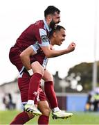6 October 2024; Douglas James-Taylor of Drogheda United celebrates with teammate Dave Webster, left, after scoring their side's second goal during the Sports Direct Men’s FAI Cup semi-final match between Drogheda United and Wexford at Weavers Park in Drogheda, Louth. Photo by Ben McShane/Sportsfile