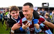 6 October 2024; Douglas James-Taylor of Drogheda United celebrates with supporters after the Sports Direct Men’s FAI Cup semi-final match between Drogheda United and Wexford at Weavers Park in Drogheda, Louth. Photo by Ben McShane/Sportsfile