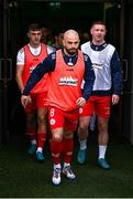 6 October 2024; Shelbourne captain Mark Coyle leads his side out before the SSE Airtricity Men's Premier Division match between Shamrock Rovers and Shelbourne at Tallaght Stadium in Dublin. Photo by Seb Daly/Sportsfile