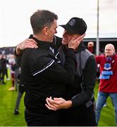 6 October 2024; St Mirren player and Drogheda United supporter Killian Philips, right, celebrates with Drogheda United manager Kevin Doherty after the Sports Direct Men’s FAI Cup semi-final match between Drogheda United and Wexford at Weavers Park in Drogheda, Louth. Photo by Ben McShane/Sportsfile