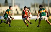 6 October 2024; Conor Crowley of Palatine in action against Páraic Deering, left, and Eric Molloy of Rathvilly during the Carlow County Senior Football Championship final match between Rathvilly and Palatine at Netwatch Cullen Park in Carlow. Photo by Tom Beary/Sportsfile