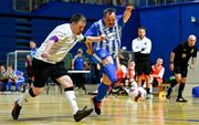 6 October 2024; Hughy Sweeney of Finn Harps in action against Jamie Linden of Dundalk during the FAI League of Ireland Down Syndrome Festival at the National Indoor Arena Futsal Courts in Dublin. Photo by Shauna Clinton/Sportsfile