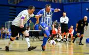 6 October 2024; Hughy Sweeney of Finn Harps in action against Jamie Linden of Dundalk during the FAI League of Ireland Down Syndrome Festival at the National Indoor Arena Futsal Courts in Dublin. Photo by Shauna Clinton/Sportsfile