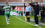 6 October 2024; Jack Byrne of Shamrock Rovers, left, celebrates in front of Shelbourne manager Damien Duff after scoring his side's first goal during the SSE Airtricity Men's Premier Division match between Shamrock Rovers and Shelbourne at Tallaght Stadium in Dublin. Photo by Seb Daly/Sportsfile