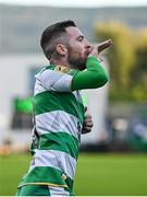 6 October 2024; Jack Byrne of Shamrock Rovers celebrates after scoring his side's first goal during the SSE Airtricity Men's Premier Division match between Shamrock Rovers and Shelbourne at Tallaght Stadium in Dublin. Photo by Seb Daly/Sportsfile