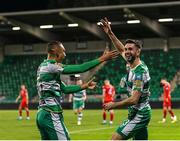 6 October 2024; Neil Farrugia of Shamrock Rovers, right, celebrates with teammate Graham Burke after scoring his side's second goal during the SSE Airtricity Men's Premier Division match between Shamrock Rovers and Shelbourne at Tallaght Stadium in Dublin. Photo by Thomas Flinkow/Sportsfile