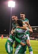 6 October 2024; Neil Farrugia of Shamrock Rovers, 23, celebrates with teammates after scoring his side's second goal during the SSE Airtricity Men's Premier Division match between Shamrock Rovers and Shelbourne at Tallaght Stadium in Dublin. Photo by Thomas Flinkow/Sportsfile