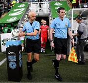6 October 2024; Referee Neil Doyle, left, and assistant referee Darren Corcoran before the SSE Airtricity Men's Premier Division match between Shamrock Rovers and Shelbourne at Tallaght Stadium in Dublin. Photo by Seb Daly/Sportsfile