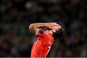 6 October 2024; John O'Sullivan of Shelbourne reacts during the SSE Airtricity Men's Premier Division match between Shamrock Rovers and Shelbourne at Tallaght Stadium in Dublin. Photo by Seb Daly/Sportsfile