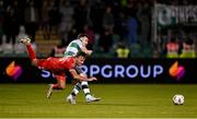 6 October 2024; John O'Sullivan of Shelbourne is tackled by Aaron Greene of Shamrock Rovers during the SSE Airtricity Men's Premier Division match between Shamrock Rovers and Shelbourne at Tallaght Stadium in Dublin. Photo by Seb Daly/Sportsfile