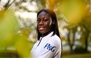 7 October 2024; Irish Olympic athlete and P&G Ambassador Rhasidat Adeleke poses for a portrait at the National Indoor Arena on the Sport Ireland Campus in Dublin. Rhasidat hosted an intimate training session today giving guests an insight into what her day-to-day training involves. Photo by Sam Barnes/Sportsfile