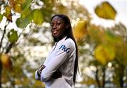 7 October 2024; Irish Olympic athlete and P&G Ambassador Rhasidat Adeleke poses for a portrait at the National Indoor Arena on the Sport Ireland Campus in Dublin. Rhasidat hosted an intimate training session today giving guests an insight into what her day-to-day training involves. Photo by Sam Barnes/Sportsfile