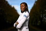 7 October 2024; Irish Olympic athlete and P&G Ambassador Rhasidat Adeleke poses for a portrait at the National Indoor Arena on the Sport Ireland Campus in Dublin. Rhasidat hosted an intimate training session today giving guests an insight into what her day-to-day training involves. Photo by Sam Barnes/Sportsfile