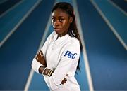 7 October 2024; Irish Olympic athlete and P&G Ambassador Rhasidat Adeleke poses for a portrait at the National Indoor Arena on the Sport Ireland Campus in Dublin. Rhasidat hosted an intimate training session today giving guests an insight into what her day-to-day training involves. Photo by Sam Barnes/Sportsfile