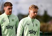 7 October 2024; Goalkeepers Caoimhin Kelleher and Mark Travers, left, during a Republic of Ireland training session at the FAI National Training Centre in Abbotstown, Dublin. Photo by Stephen McCarthy/Sportsfile