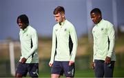 7 October 2024; Mason Melia and Aidomo Emakhu during a Republic of Ireland Under 21 training session at the FAI National Training Centre in Dublin. Photo by Ramsey Cardy/Sportsfile