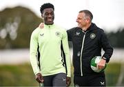 7 October 2024; Manager Jim Crawford, right, and James Abankwah during a Republic of Ireland Under 21 training session at the FAI National Training Centre in Dublin. Photo by Ramsey Cardy/Sportsfile
