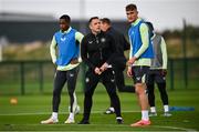 7 October 2024; Coach Stephen Rice and Mason Melia during a Republic of Ireland Under 21 training session at the FAI National Training Centre in Dublin. Photo by Ramsey Cardy/Sportsfile