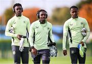 7 October 2024; James Abankwah, Baba Adeeko, and Aidomo Emakhu during a Republic of Ireland Under 21 training session at the FAI National Training Centre in Dublin. Photo by Ramsey Cardy/Sportsfile