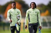 7 October 2024; Aidomo Emakhu, left, and Tayo Adaramola during a Republic of Ireland Under 21 training session at the FAI National Training Centre in Dublin. Photo by Ramsey Cardy/Sportsfile