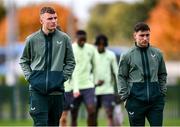 7 October 2024; Mark O’Mahony, left, and Joe Hodge during a Republic of Ireland Under 21 training session at the FAI National Training Centre in Dublin. Photo by Ramsey Cardy/Sportsfile