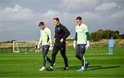 7 October 2024; Goalkeeping coach Rene Gilmartin, centre, with goalkeepers Josh Keeley, left, and Tiernan Brooks during a Republic of Ireland Under 21 training session at the FAI National Training Centre in Dublin. Photo by Ramsey Cardy/Sportsfile