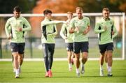 7 October 2024; Players, from left to right, Sean Roughan, Andrew Moran, Killian Phillips and Sam Curtis during a Republic of Ireland Under 21 training session at the FAI National Training Centre in Dublin. Photo by Ramsey Cardy/Sportsfile