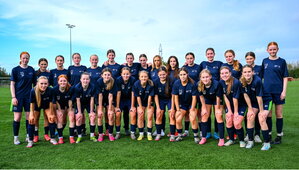 7 October 2024; The TY student participants pose for a group photograph during the FAI/ Fingal Girls' TY Course at TUD in Blanchardstown, Dublin. Photo by Shauna Clinton/Sportsfile