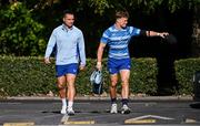7 October 2024; James Lowe, left, and Josh van der Flier arrive for a Leinster rugby squad training session at UCD in Dublin. Photo by Piaras Ó Mídheach/Sportsfile