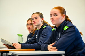 7 October 2024; Participants Isabelle Cleverdon, centre, and Lucy Dunne, right, during the FAI/ Fingal Girls' TY Course at TUD in Blanchardstown, Dublin. Photo by Shauna Clinton/Sportsfile