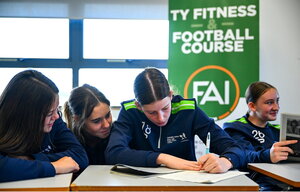 7 October 2024; Participants, from left, Abigail Quinn, Siun Kirby and Jenna Willoughby during the FAI/ Fingal Girls' TY Course at TUD in Blanchardstown, Dublin. Photo by Shauna Clinton/Sportsfile