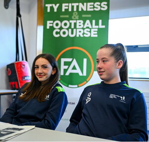 7 October 2024; Ella Kelly, left, and Ellie Ivers during the FAI/ Fingal Girls' TY Course at TUD in Blanchardstown, Dublin. Photo by Shauna Clinton/Sportsfile