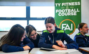 7 October 2024; Participants, from left, Abigail Quinn, Siun Kirby and Jenna Willoughby during the FAI/ Fingal Girls' TY Course at TUD in Blanchardstown, Dublin. Photo by Shauna Clinton/Sportsfile