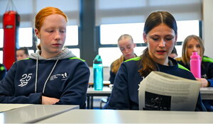 7 October 2024; Grace Keaveney, right, and Sadhbh Hartley during the FAI/ Fingal Girls' TY Course at TUD in Blanchardstown, Dublin. Photo by Shauna Clinton/Sportsfile
