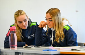 7 October 2024; Rebecca O'Connell, left, and Caitlin O'Donohue during the FAI/ Fingal Girls' TY Course at TUD in Blanchardstown, Dublin. Photo by Shauna Clinton/Sportsfile