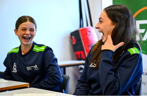 7 October 2024; Riley Donnelly, left, and Ella Kelly during the FAI/ Fingal Girls' TY Course at TUD in Blanchardstown, Dublin. Photo by Shauna Clinton/Sportsfile