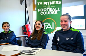 7 October 2024; Participants, from left, Riley Donnelly, Ella Kelly and Ellie Ivers during the FAI/ Fingal Girls' TY Course at TUD in Blanchardstown, Dublin. Photo by Shauna Clinton/Sportsfile
