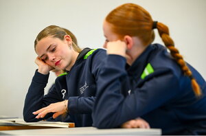 7 October 2024; Participants Isabelle Cleverdon, left, and Lucy Dunne during the FAI/ Fingal Girls' TY Course at TUD in Blanchardstown, Dublin. Photo by Shauna Clinton/Sportsfile