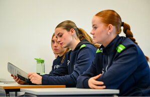 7 October 2024; Participants Isabelle Cleverdon, centre, and Lucy Dunne, right, during the FAI/ Fingal Girls' TY Course at TUD in Blanchardstown, Dublin. Photo by Shauna Clinton/Sportsfile