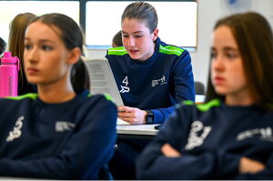 7 October 2024; Orlaith Maguire reads aloud during the FAI/ Fingal Girls' TY Course at TUD in Blanchardstown, Dublin. Photo by Shauna Clinton/Sportsfile