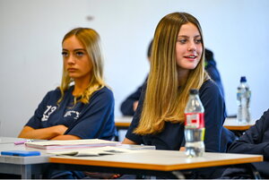 7 October 2024; Caitlin O'Donohue, left, and Kassie McLaughlin during the FAI/ Fingal Girls' TY Course at TUD in Blanchardstown, Dublin. Photo by Shauna Clinton/Sportsfile