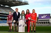 7 October 2024; Building on over a decade of support for the GAA, eir, Ireland’s largest telecommunications provider, has been announced as the official telco partner of the Camogie Association and new title sponsor of the U16 All-Ireland Camogie Championships for the next three years. Pictured at the launch in Croke Park are Uachtarán an Cumann Camógaíochta Brian Molloy and Susan Brady, Managing Director, Consumer and Small Business, eir, with Senior Camogie players Saoirse McCarthy of Cork, right, Aoife Donohue of Galway, left, and 2024 All-Ireland U16A Camogie champion Aishling Foley of Limerick. This partnership marks another significant milestone in eir’s long-standing commitment to Irish sport, while strengthening its connections with local communities across the island of Ireland. For more information about the partnership visit eir.ie Photo by David Fitzgerald/Sportsfile