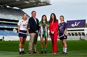 7 October 2024; Building on over a decade of support for the GAA, eir, Ireland’s largest telecommunications provider, has been announced as the official telco partner of the Camogie Association and new title sponsor of the U16 All-Ireland Camogie Championships for the next three years. Pictured at the launch in Croke Park are Uachtarán an Cumann Camógaíochta Brian Molloy and Susan Brady, Managing Director, Consumer and Small Business, eir, with Senior Camogie players Saoirse McCarthy of Cork, right, Aoife Donohue of Galway, left, and 2024 All-Ireland U16A Camogie champion Aishling Foley of Limerick. This partnership marks another significant milestone in eir’s long-standing commitment to Irish sport, while strengthening its connections with local communities across the island of Ireland. For more information about the partnership visit eir.ie Photo by David Fitzgerald/Sportsfile