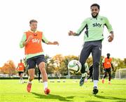 7 October 2024; Kasey McAteer, left, and Andrew Omobamidele during a Republic of Ireland training session at the FAI National Training Centre in Abbotstown, Dublin. Photo by Stephen McCarthy/Sportsfile